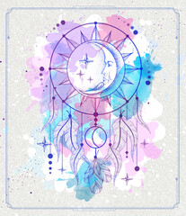 Modern magic witchcraft card with dream Catcher on watercolor background. Vector illustration