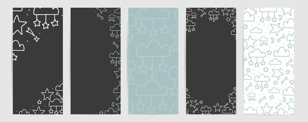Baby bedtime vertical tall modern flyer set with doodle abstract cloud and star frames and borders. Modern design for shop decoration, sale banner or promotional poster in charcoal grey and mint blue 