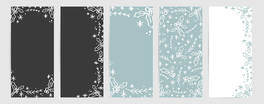 Christmas vertical flyer design set in winter blue, snow white and chalkboard black colours. Winter background pattern, decorative frame and border collection.
