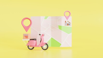 3D Map pins, GPS, navigator pin checking points, Fast delivery package by scooter on a shop. in E-commerce by the app. Tracking courier application.