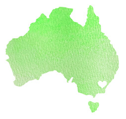 Watercolor green map of Australia with indication of Sydneyisolated on white.