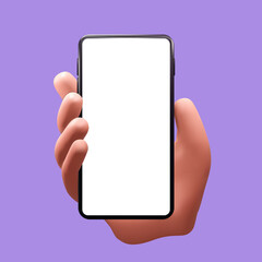Phone with blank white screen in hand mockup isolated on purple background. Realistic vector illustration