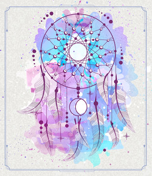 Modern magic witchcraft card with dream Catcher on watercolor background. Vector illustration