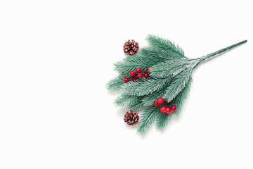 Decorative spruce branch with holly and cones isolated on white background. Top view, flat lay.