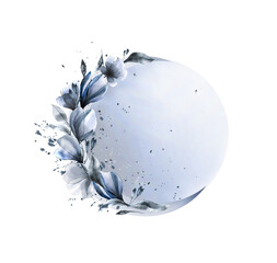 Watercolor full moon silver with flowers isolated on a white background. Lunar Abstract phase frame. Astrology. Esoteric hand drawing. Illustration