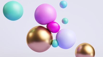 3d rendering, abstract pink blue mint and golden balls isolated on white background, assorted colorful particles macro. Modern minimal geometric wallpaper