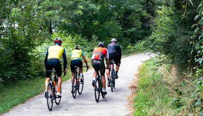 Naklejka premium Group of cyclists going up a mountain road.