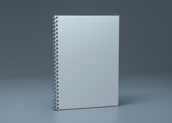 Blank spiral notebook on a light blue background. Template for your design. 3D