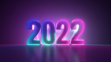 3d render, neon numbers 2022, glowing with pink blue light, new year concept