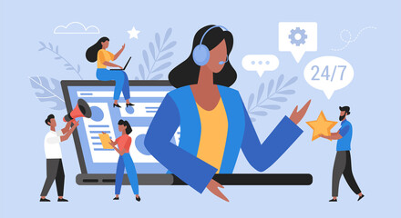 Call center and global technical support business concept.  Hotline operator with clients  vector illustration
