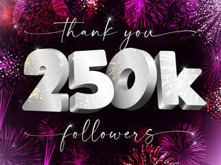 Thank you 250 000 web followers creative concept. Bright festive thanks for 250.000 networking likes. 250k subscribers shining silver sign. 3D luxury digits. Abstract isolated graphic design template. - obrazy, fototapety, plakaty