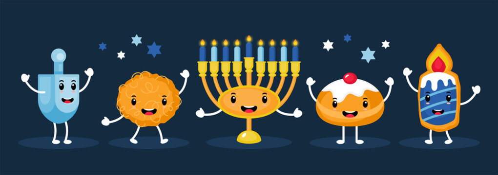 Hanukkah Holiday Banner Design With Menorah, Traditional Donuts, Candle Cookie, Potato Latkes And Spinning Top Funny Cartoon Characters