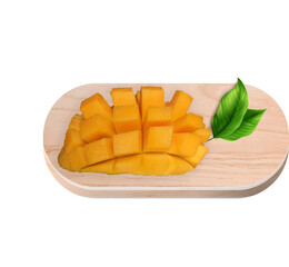 PRODUCT DRINK fresh mango ISOLATED fruit sliced with leaf on wooden table
