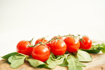 cherry tomatoes lettuce leaves wooden board fresh food