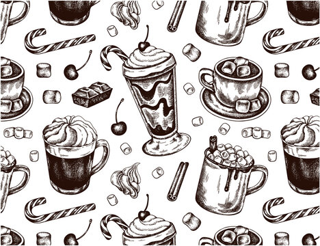 Line art drawing pattern of marshmallow, cup of hot chocolate, cocoa, candy cane, cinnamon, whipped cream, cherry. Christmas drinks wallpaper. Winter sketch drawn sweet food. Vector illustration. 