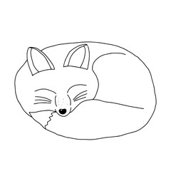 Hand drawn black vector illustration of a beautiful adult young funny fox with a long fluffy tail is sleeping on a white background