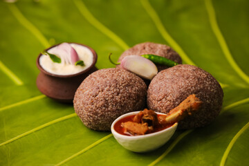 Ragi mudde,ragi sangati,ragi balls  indian famous traditional healthy food served with bone soup...