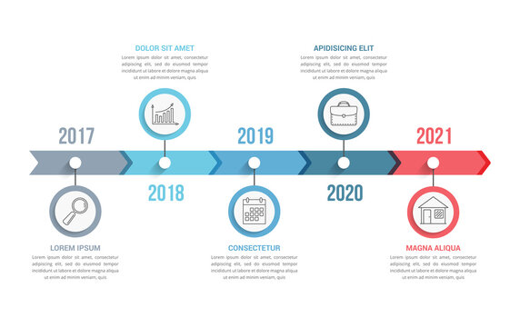 Horizontal Timeline Template With Five Arrows, Infographic Template For Web, Business, Presentations, Workflow Or Process Diagram