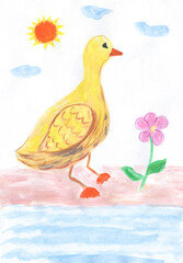 Cute duck walking on summer sunny day among  flowers. Hand drawn watercolor and gouache paints illustration. Suitable for baby picture, packaging  design, poster, postcard.