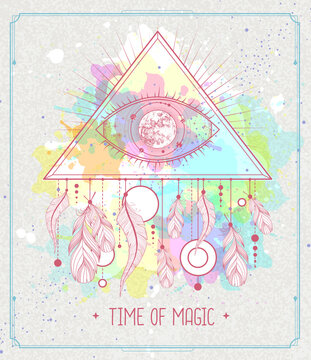 Modern magic witchcraft card with dream Catcher and eye in triangle on watercolor background. Vector illustration