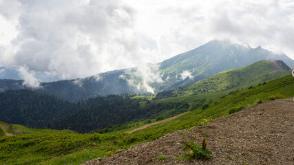 Mountain valley shrouded in clouds