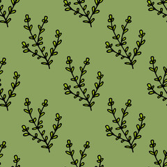 Seamless pattern with bright green branches on light green background. Vector image.