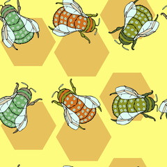 vector illustration seamless pattern set of colored cheerful bees,honey background with honeycombs,for wallpaper,fabric or furniture