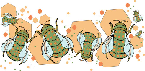 Print illustration decorative abstract bees,honeycomb,for postcard or invitation