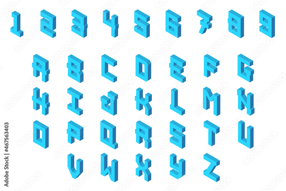 Poster 3d rendering letters. isometric alphabet characters and numbers in blue color, isolated on white bac