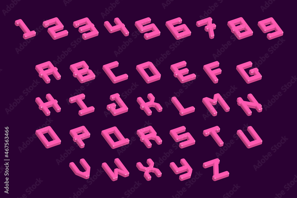 Aufkleber pink abstract 3d rendering, isometric characters and numbers. isometry alphabet abs typefaces and nu