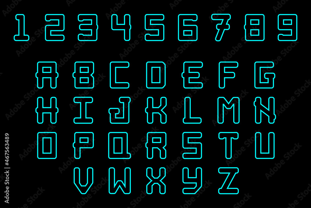 Poster modern outline contour letters. simple line art alphabet abs characters with blue thin line. hi tech
