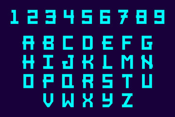 Abstract hi tech futuristic numbers and characters. Blue modern uppercase high technology typefaces alphabet abs and numbers isolated on blue background.