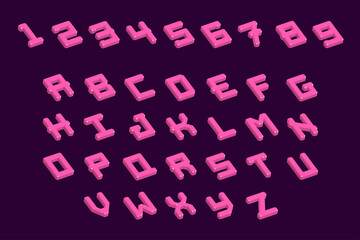pink abstract 3d rendering, isometric characters and numbers. Isometry alphabet abs typefaces and numbers collection. 
