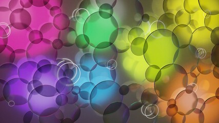 Abstract background with glass circles, glowing rings and colorful backlit