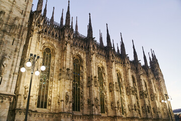 Fototapeta premium Milan, Italy - October 10, 2021: Milan Cathedral in Piazza Duomo in the evening, Milan. Duomo Cathedral