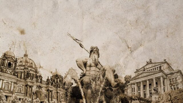 Slow motion collage of Berlin landmarks in Germany on old vintage crumpled paper. Creative 4k video animation with parallax effect.