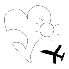 minimalist tattoo design for travelling lovers. airplane, wave and sun in love shape vector.