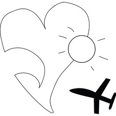 minimalist tattoo design for travelling lovers. airplane, wave and sun in love shape vector.