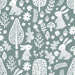 Cute rabbits in the Scandinavian forest. Seamless template can be used for wallpapers, fill templates, web pages backgrounds, surface textures