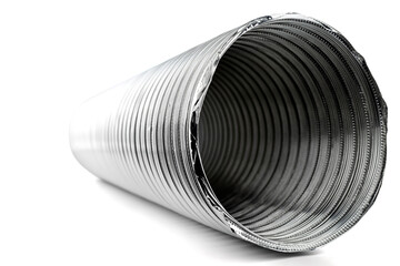 Flexible corrugated aluminum tube, resistant to high temperatures, isolated on a white background.