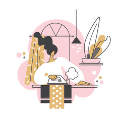 A woman irons underwear, clothes in the interior. The hostess in the interior. Homework. Vector illustration.