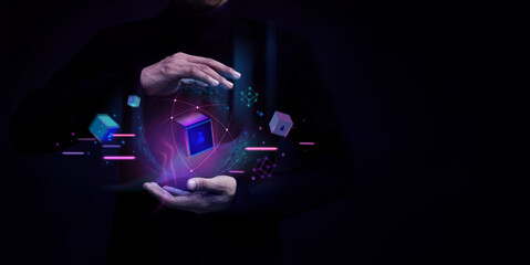 Blockchain Technology Concepts. Businessman Levitating a Digital and Futuristic Graphic to...