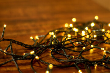 Christmas lights, bulbs on wood decoration, Christmas ornament
