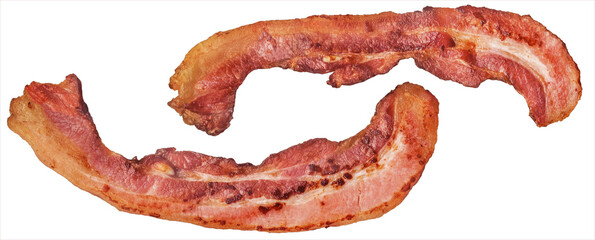 Fried Pork Bacon Rashers, Isolated on White Background.