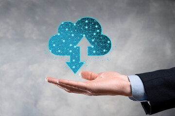 Man hold Cloud icon technology. Polygonal wireframe cloud storage sign with two arrows up and down....