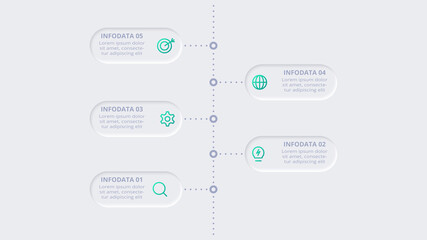 Neumorphic flow chart infographic. Creative concept for infographic with 5 steps, options, parts or processes.
