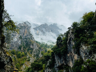 View of the mountain landscape on the Ruta del Cares in the Europe peaks, in Asturias, Spain.