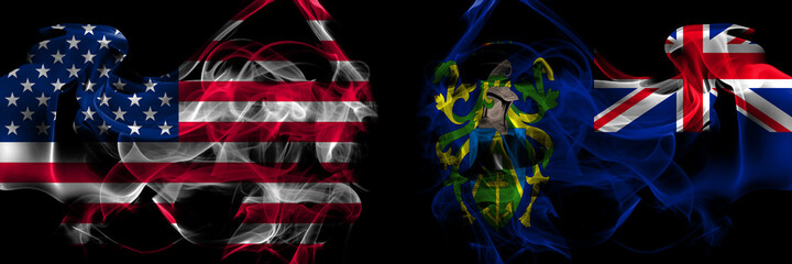 United States of America vs British, Britain, Pitcairn Islands smoke flags placed side by side