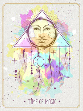 Modern magic witchcraft card with dream Catcher and sun sign with human face on watercolor background. Vector illustration