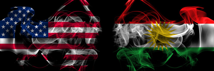 United States of America vs Kurdistan, Kurdish, Kurds smoke flags placed side by side